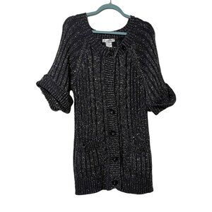 Vintage Newport News Metallic Black Short-Sleeve Cable Knit Cardigan Sweater S